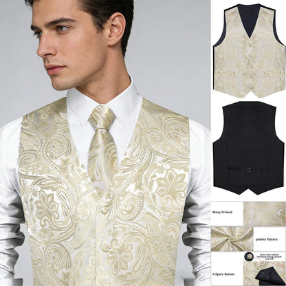 Men's Suit Vest & Tie Set – Champagne Golden Paisley Formal Waistcoat for Weddings & Business Events