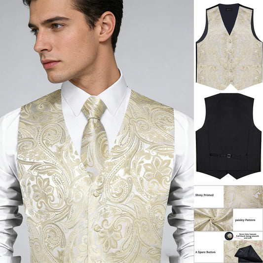 Men's Suit Vest & Tie Set – Champagne Golden Paisley Formal Waistcoat for Weddings & Business Events