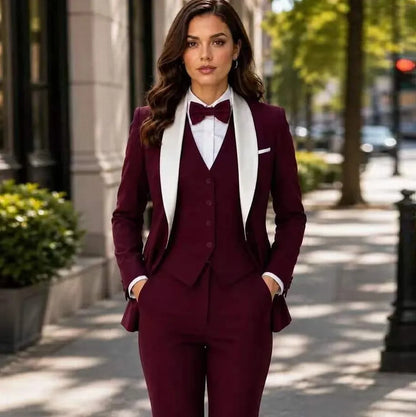 White Collar Burgundy Formal Business Women Suit Wedding Party Prom Ladies Mother Tuxedos Costume 3 Piece Set Blazer Vest Pants