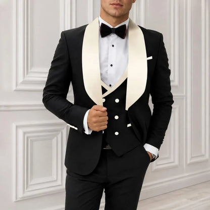 Men Suit Black 3 Pieces With Beige Lapel For Wedding Groom Birthday Banquet Party Ball Business Office Work Jacket Vest Pants
