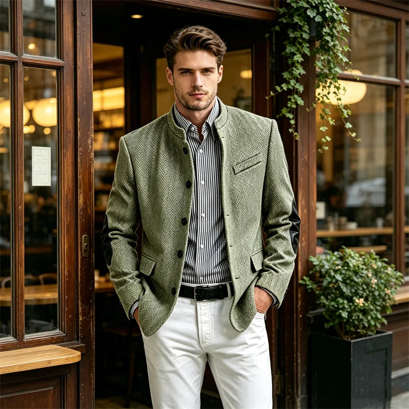 Men's Herringbone Tweed Blazer With Elbow Patches Retro Stand Collar Jacket Slim Fit Daily Party Business Casual Sport Coat ﻿