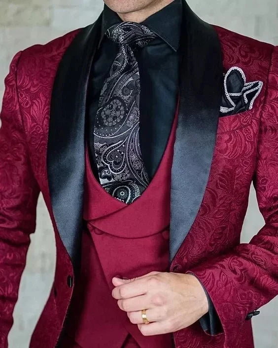 Burgundy Wedding Men Suits Slim Fit Tuxedo 3 Pieces Suit Groom Prom Jacquard Blazer Terno Masculino Suit