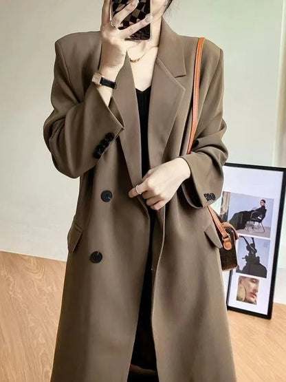 Elegant Women's Basic Solid Color Single Breasted Loose Casual Long Suit Jacket 2025 Spring Autumn Premium Trench Black Coat