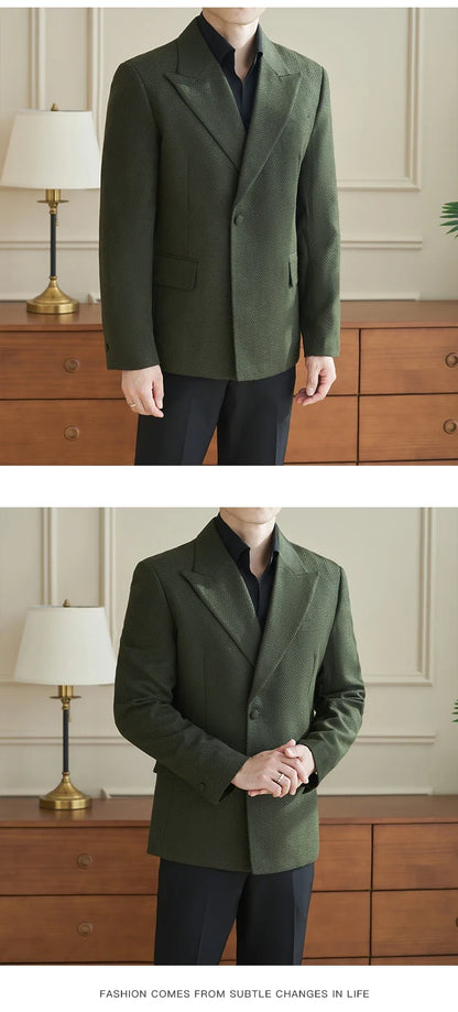 Herringbone Pattern Fabric Suit Jacket Men Autumn Winter Casual Business Dress Coat Wedding Groom Banquet Party Blazer Masculino