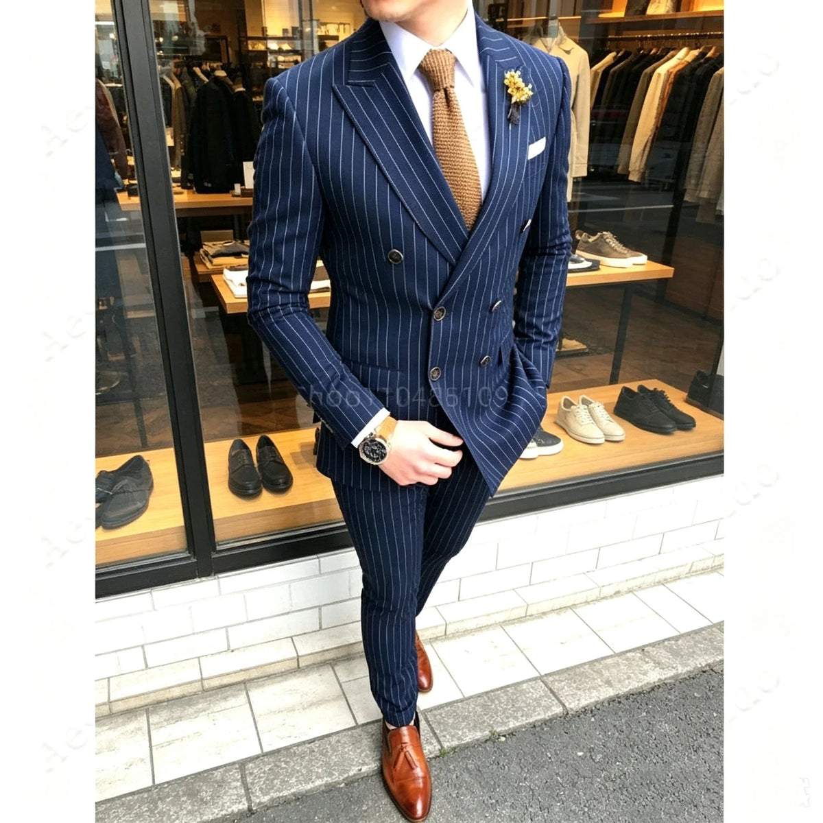 Black Striped Slim Fit Men's Tuxedo 2 Piece Business Set with Peak Lapel Double Breasted Blazer And Pants for Wedding Party Prom