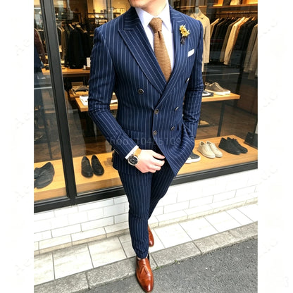 Black Striped Slim Fit Men's Tuxedo 2 Piece Business Set with Peak Lapel Double Breasted Blazer And Pants for Wedding Party Prom