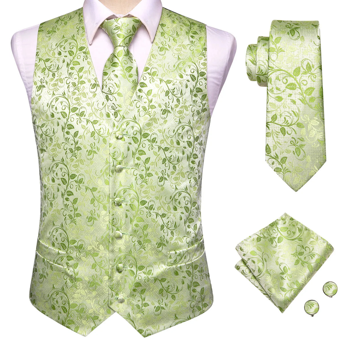 Men's Waistcoat Suit Set with Jacquard Floral Vest, Tie, Hanky & Cufflinks for Wedding and Business
