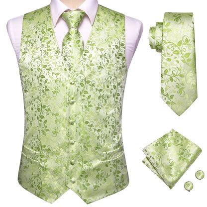Men's Waistcoat Suit Set with Jacquard Floral Vest, Tie, Hanky & Cufflinks for Wedding and Business