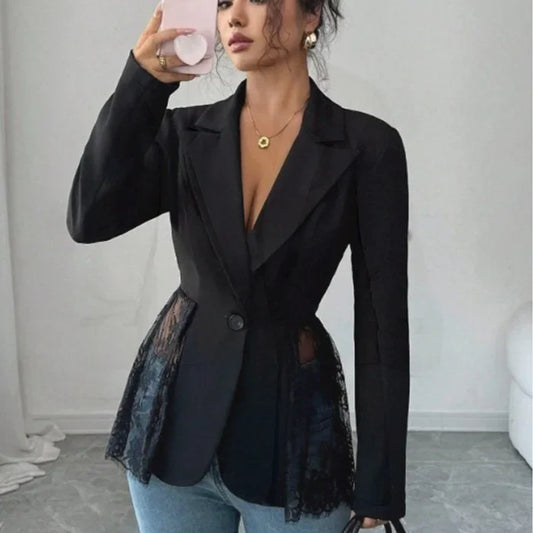 Women's Lace Trim A-Line Suit Jacket Color Block Slim Fit Waistcoat Style Polyester Fabric Princess Sleeve  Collar Single...