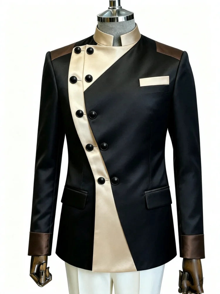 Mens Mandarin Collar Contrast Panel Blazer Slim Fit Asymmetrical Double Button Formal Business Evening Jacket