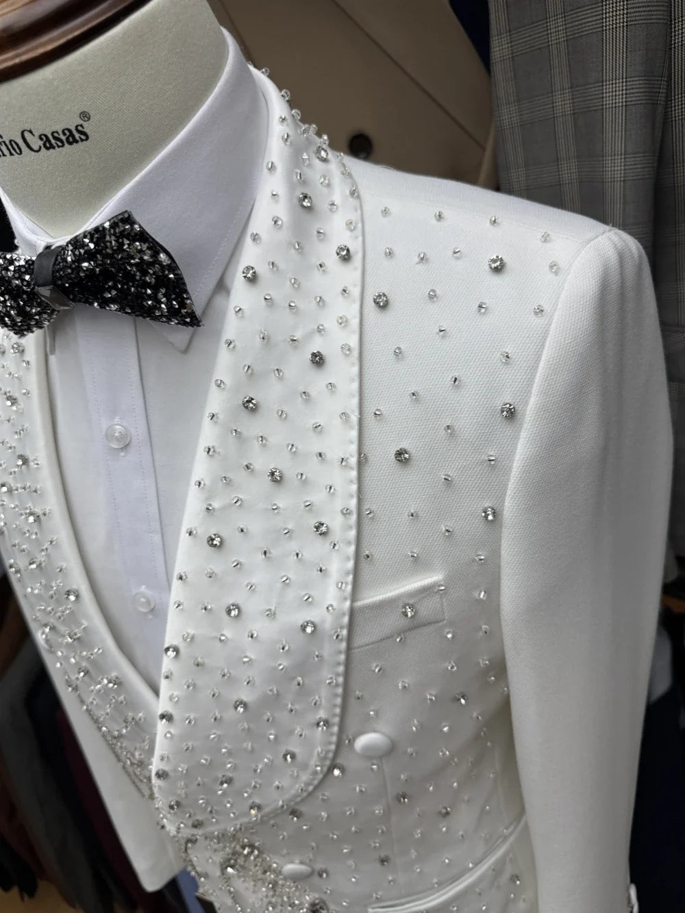 Silver Beaded Crystal Suit Jacket Man Birthday Party Prom Wear Chic Double Breasted Suit Set 2 Pieces For Men Wedding Groom Sets