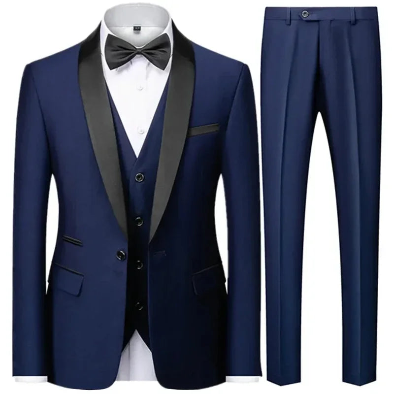 Black Men Autumn Wedding Party Three Pieces Set Large Size Male Blazer Coat Pants and Vest Fashion Slim Fit Suit