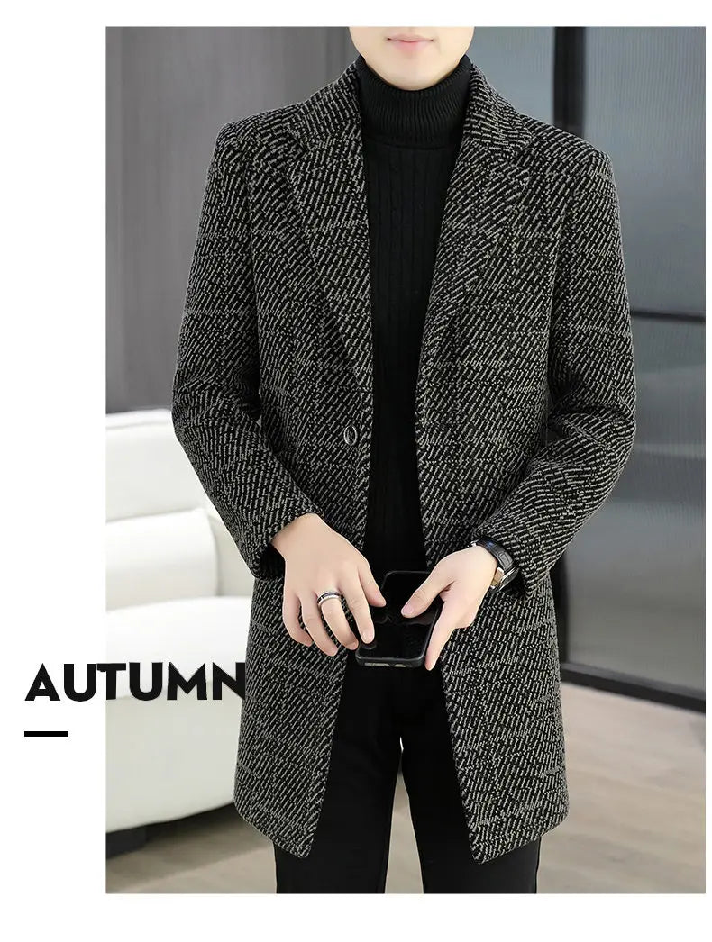 High-quality winter men's fashionable and stylish woolen overcoat, suit collar, mid-length windbreaker, woolen coat