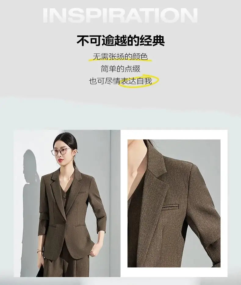 Formal Office Lady Slim Fit 2 Piece Suits Autumn Dark Brown Single Button Blazer And Pants Elegant Business Female Work Wear