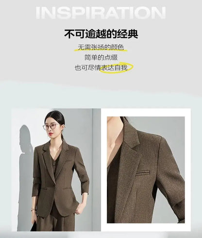 Formal Office Lady Slim Fit 2 Piece Suits Autumn Dark Brown Single Button Blazer And Pants Elegant Business Female Work Wear