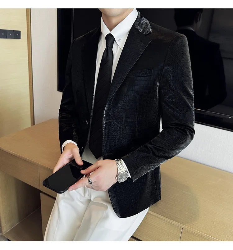 2026 Crocodile Patterned Leather Suit Jacket Men Slim Fit Business Casual Leather Jacket Wedding Groom Party Work Men Blazers