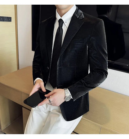 2026 Crocodile Patterned Leather Suit Jacket Men Slim Fit Business Casual Leather Jacket Wedding Groom Party Work Men Blazers