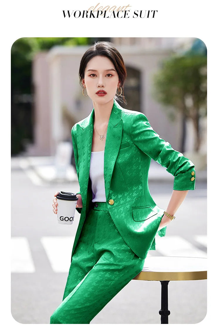 Fashion Ladies Formal Pant Suit Women Houndstooth Single Button Jacket And Trouser Female Business Work Wear 2 Piece Blazer Set