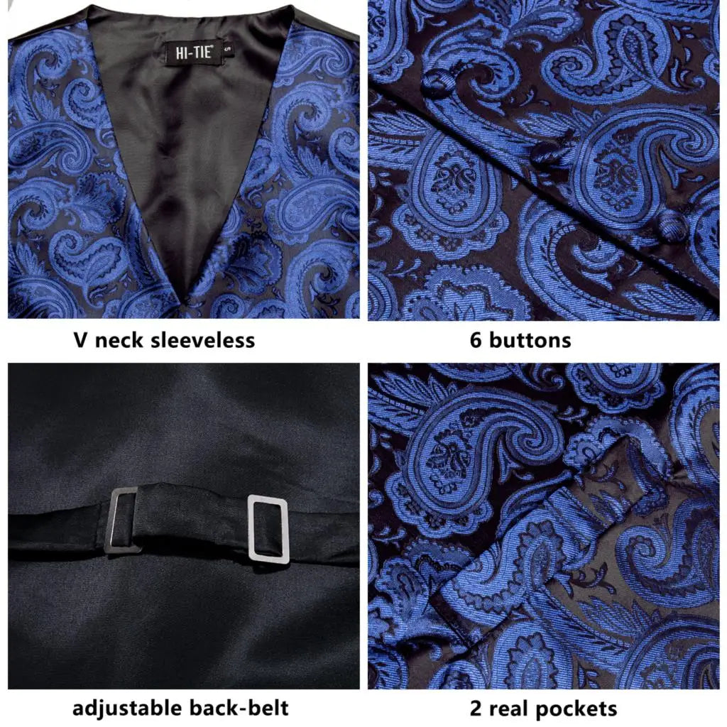 Men's Waistcoat Suit Set with Jacquard Floral Vest, Tie, Hanky & Cufflinks for Wedding and Business