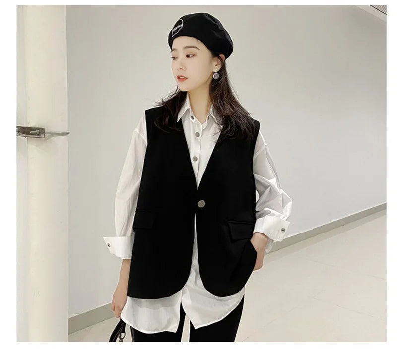 Feminine V-neck Blazer Waistcoat Tops Coat Korean Women Fashion Leisure Suit Vest Outerwear Spring Autumn Ladies Solid Color Sle