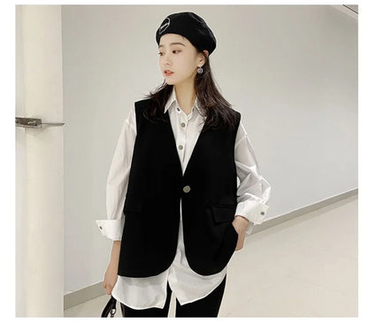 Feminine V-neck Blazer Waistcoat Tops Coat Korean Women Fashion Leisure Suit Vest Outerwear Spring Autumn Ladies Solid Color Sle