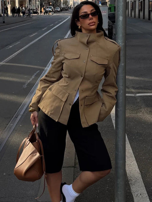 Fashion Women Slim Safari Blazer Jacket 2026 Stand Collar Long Sleeve Pocket Vintage Trench Coat Female Elegant Street Blazer