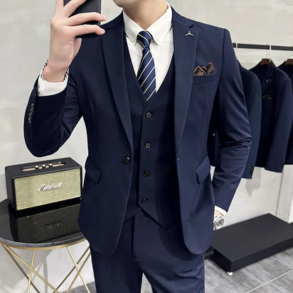 2025 Men's Wedding Suit Vest Trousers Set Fashionable Handsome Solid Color Groom's Three-Piece Outfit Available in Sizes M-7XL