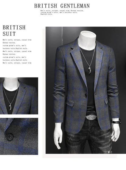 2025 Slim Fit Men's Casual Suit Handsome Fashion Plaid Blazer Polyester Business Wedding High-Quality Male Attire