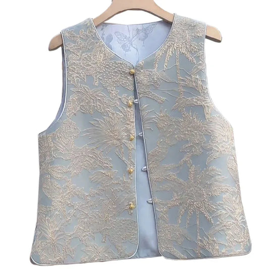 Women's Vest 2026 Chinese Crew Neck Jacquard Sleeveless Jacket Spring Autumn Versatile Female Waistcoat Tops Chalecos Para Mujer