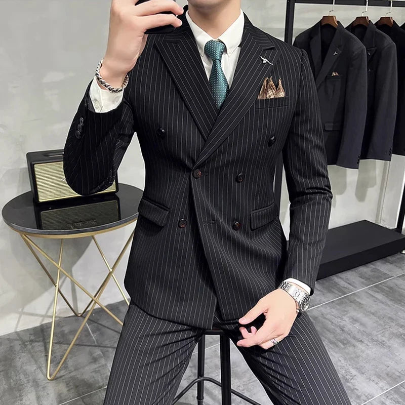 Men's Double-Breasted 2-Piece Suit – Classic Striped, Wedding & Business