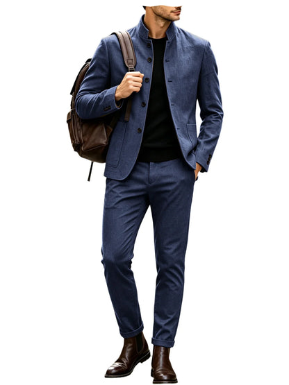 Men Stand Collar Linen Blazer Set Slim Fit 2 Pieces Jacket Pants Breathable Wrinkle‑Resistant Vintage Casual Business Outerwear