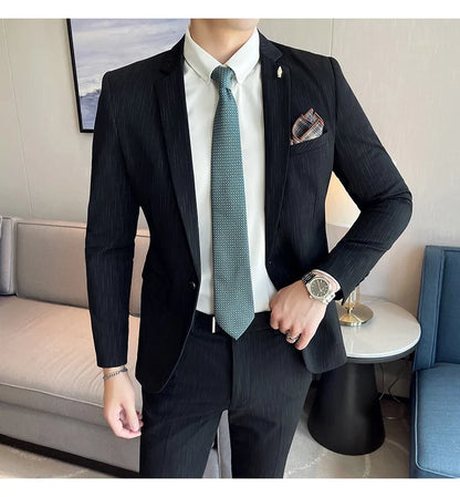 7XL 6XL(Jacket+Pant）Fashion Striped Men Slim Fit Suit Groom Wedding Tuxedo Formal Business Party Slim Fit Social Stage Costume