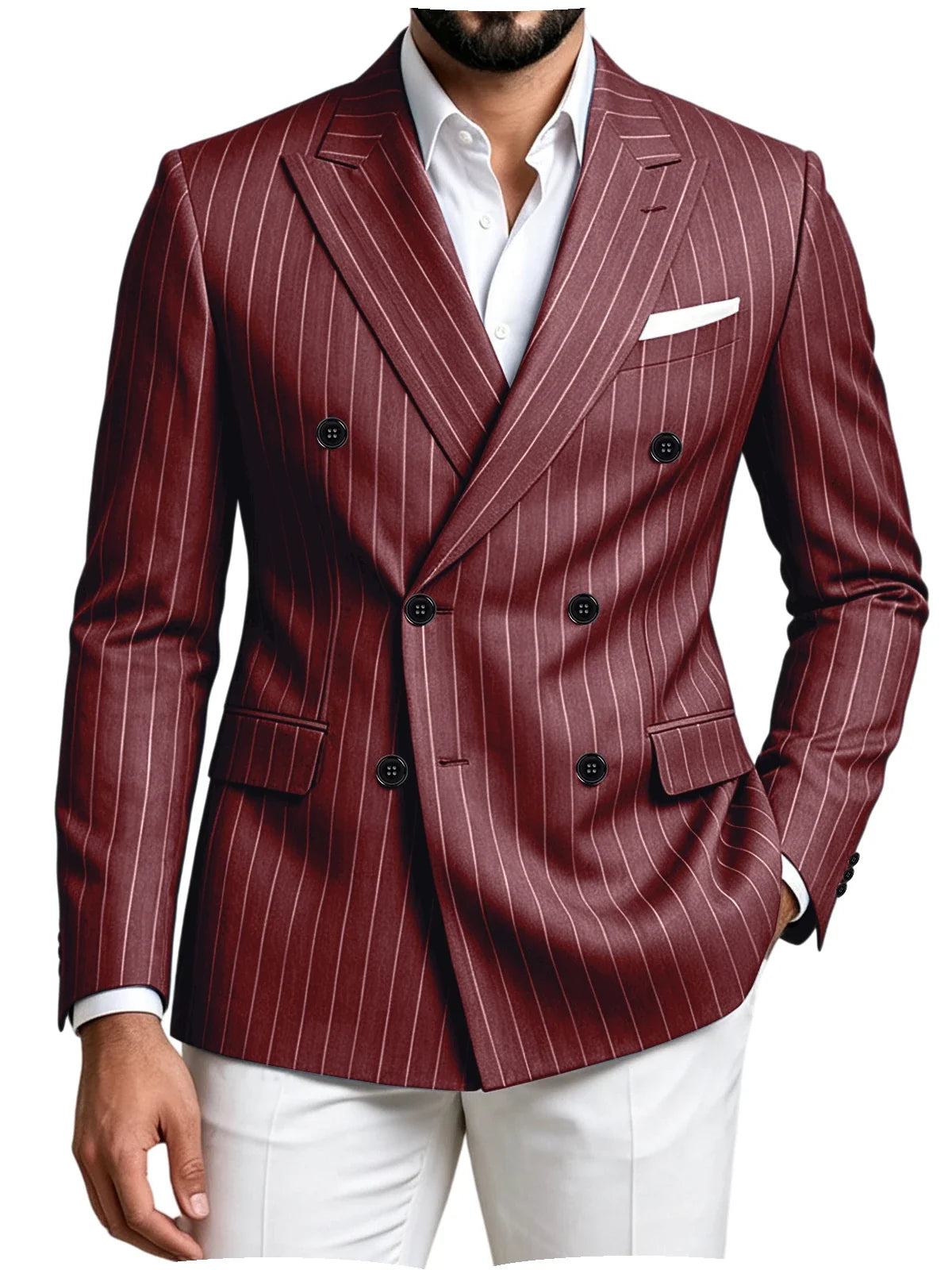 Men Striped Double Breasted Suit Jacket Notch Lapel Business Slim Fit Formal Blazer Elegant Lightweight Dress Coat For Prom Work