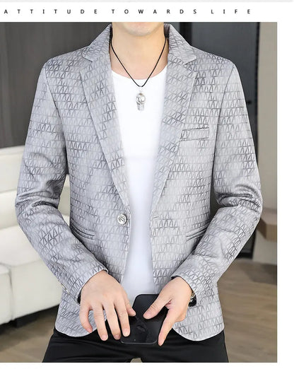 Korean Fashion Suit Jacket Men Slim Fit Geometric Printed Casual Business Blazers Autumn Social Groom Hairstylist Uniform Jacket