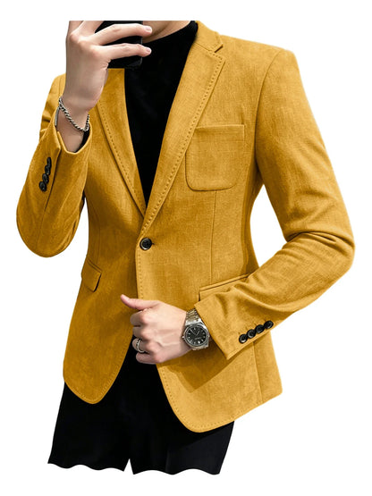 Mens Blazer Linen Blend Notched Lapel 1 Button Slim Fit Stitched Edge Patch Pockets Business Casual Daily Soft Breathable Jacket