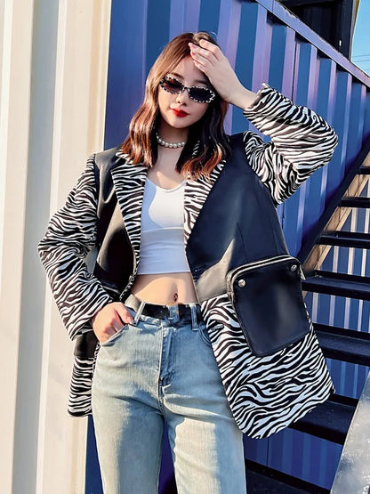 Fashion Women Sheepskin Spliced Mid-Long Blazers Coat Long Sleeve Notched Collar Single Breasted Zipper Pocket Casual Jacket Top
