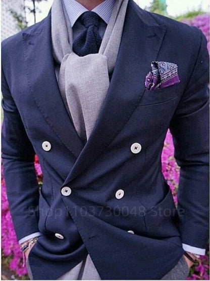 Navy Blue Blazer for Men Peak Lapel Double Breasted Dinner Prom Jacket Elegant Smoking Slim Fit Suit Coat for Wedding/Business