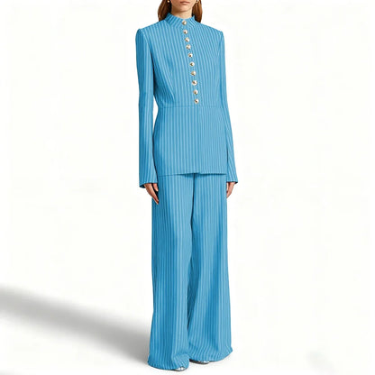 Elegant Women's Suits Pinstripe Two-piece(Jacket+Pants) Set with Stand Collar Gold Single Breasted Business Office Lady Outfit