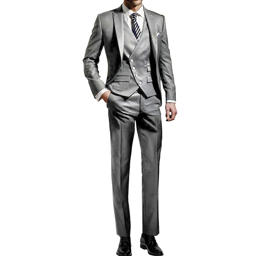 Men's Suit Prom Casual Regular Wedding Luxury Silver Single Terno Breasted Peaked Lapel Elegant Blazer Slim Fit Full Set