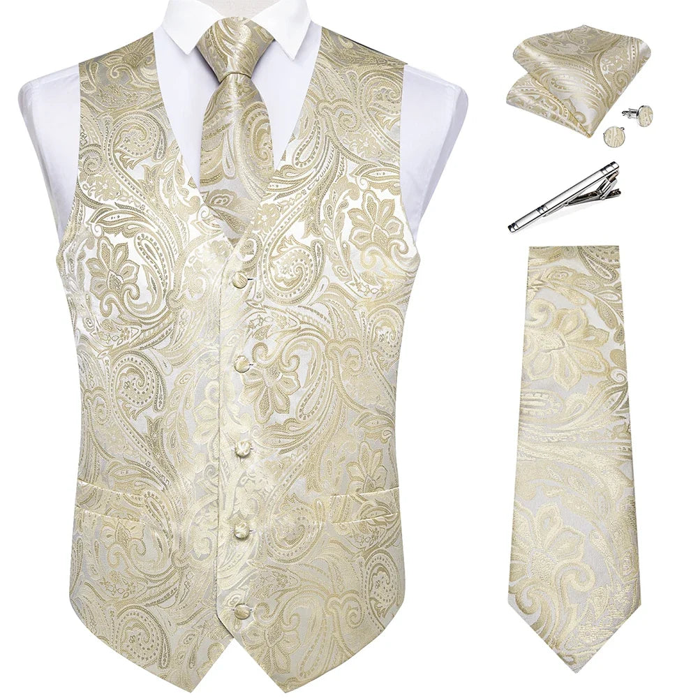 Men's Suit Vest Set with Tie, Handkerchief & Cufflinks for Wedding & Banquet