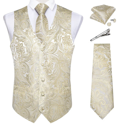 Men's Suit Vest Set with Tie, Handkerchief & Cufflinks for Wedding & Banquet