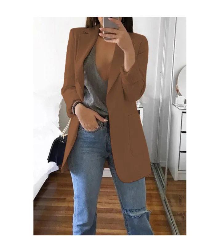 Women's Casual Blazer Notched Lapel Long Sleeve Open Jacket with Pockets Slim Fit Spring Autumn Office Lady Streetwear Coat