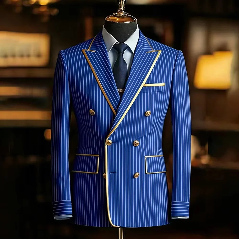 Pinstripe Double Breasted Peak Lapel Mens Suit Jacket Business Slim Fit Gold Trim Striped Coat Formal Wedding Prom Banquet Party