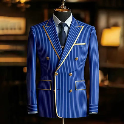 Pinstripe Double Breasted Peak Lapel Mens Suit Jacket Business Slim Fit Gold Trim Striped Coat Formal Wedding Prom Banquet Party
