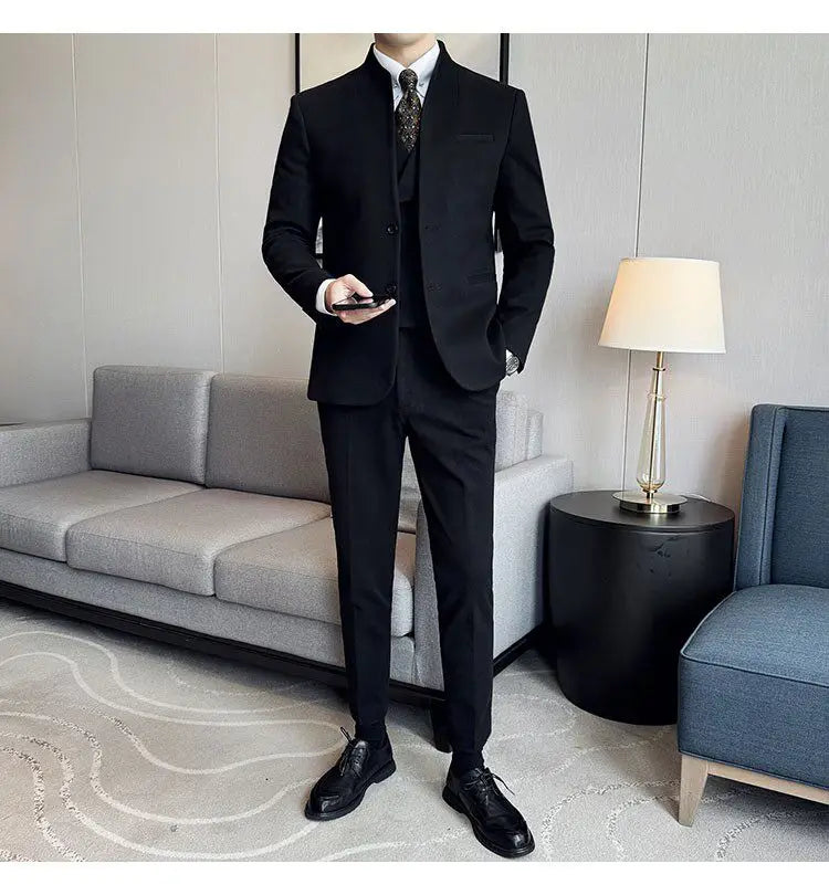 Men's 3-Piece Slim Fit Stand Collar Suit – Wedding, Prom & Office Formal Set