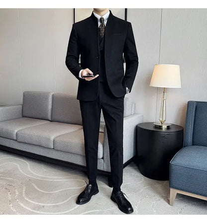 Men's 3-Piece Slim Fit Stand Collar Suit – Wedding, Prom & Office Formal Set