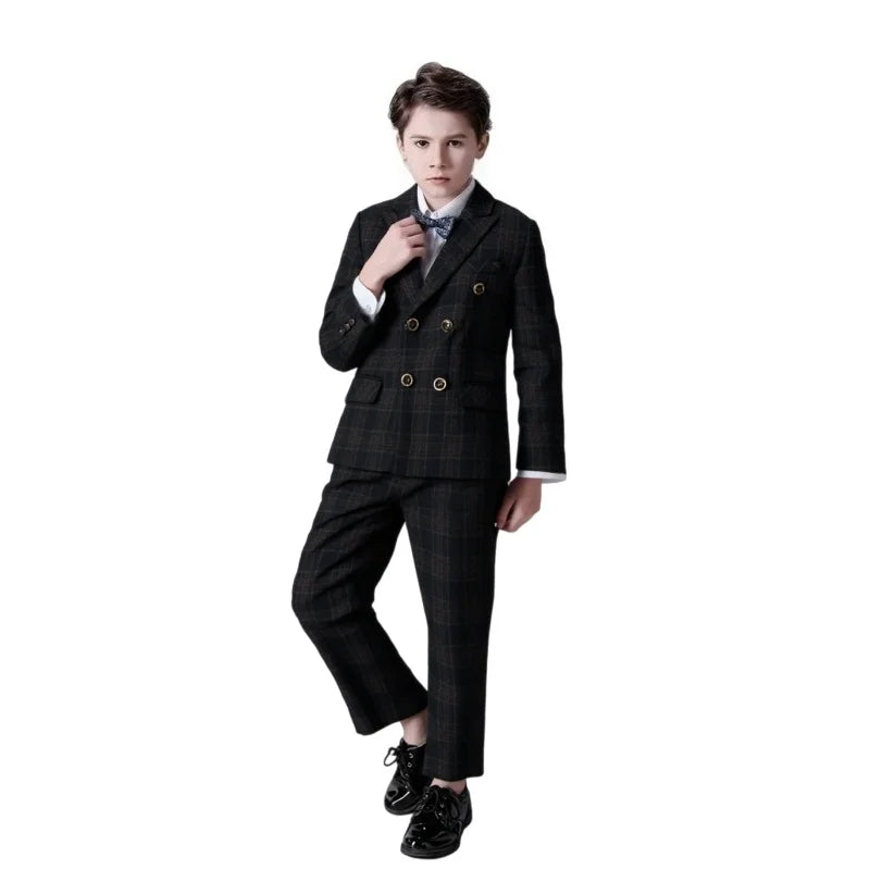 kids Gray Plaid Suit Set Flower Boys Wedding Outfit Children's 4Pieces Formal Wear With Jacket Vest Pants Bowtie