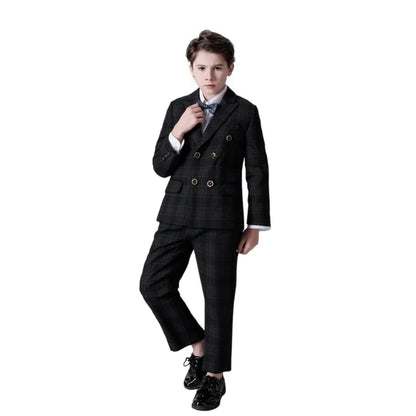 kids Gray Plaid Suit Set Flower Boys Wedding Outfit Children's 4Pieces Formal Wear With Jacket Vest Pants Bowtie
