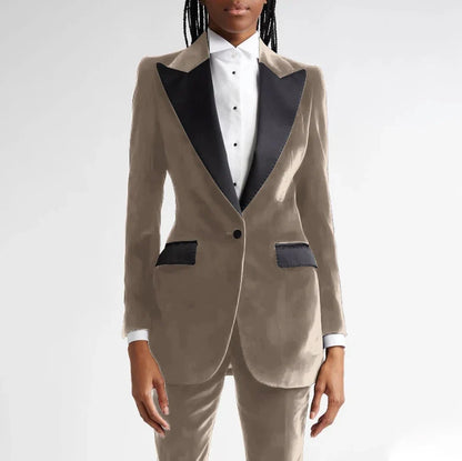 Black Flannel Women Suit Customized Single-grain Buckle Peaked Lapel Two Pieces(Jacket+Pants) Modern Business Office Lady Set