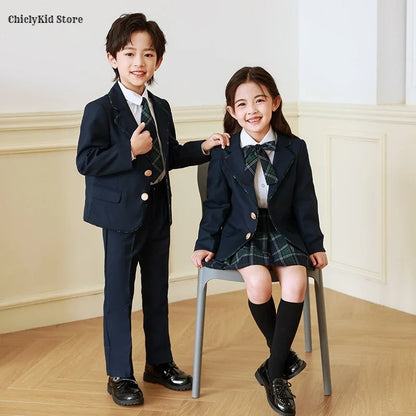 Children British School Uniforms Girls Preppy Jacket Pleated Skirts Boys Blazers Pants Suits Kids Teenage Student Clothes Sets